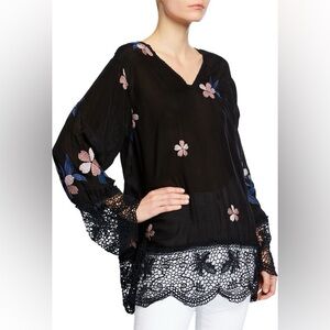 Johnny Was Dhalia V-Neck Georgette Top with Lace & Floral Embroidery